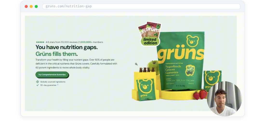 Landing page Grüns: 'You have nutrition gaps. Grüns fills them.' — satu daripada beberapa persona page